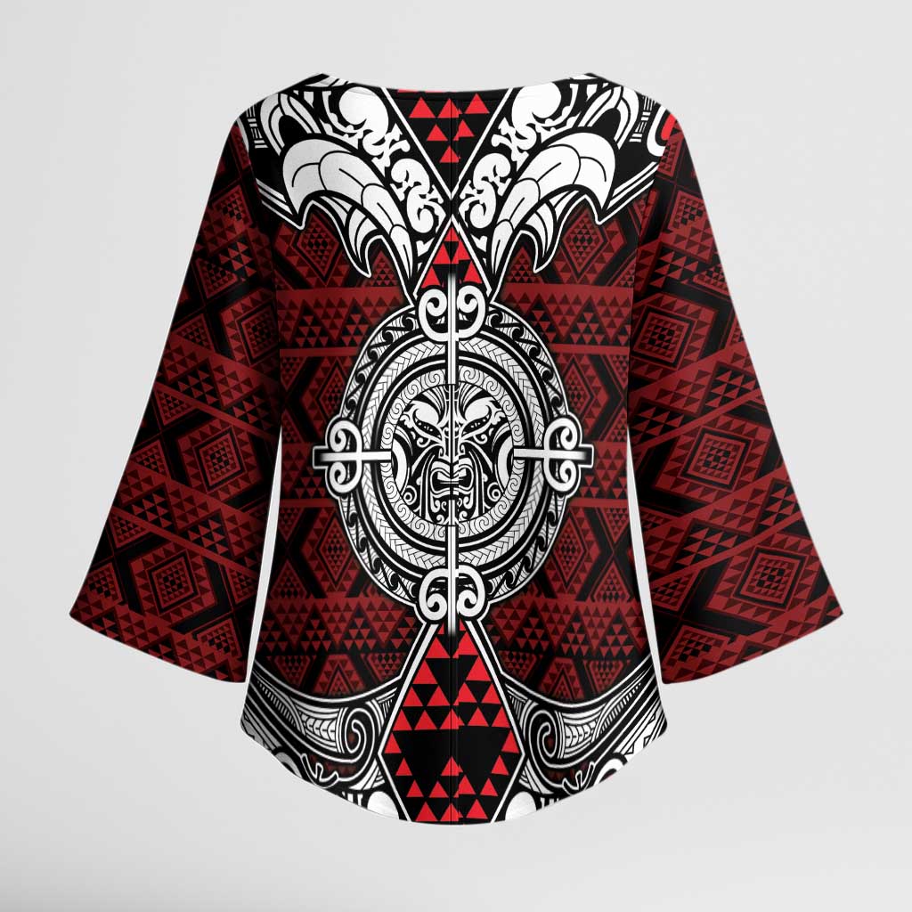 Red Aotearoa Taniko Motif Kimono Sleeve Blouse Vintage Maori New Zealand Tribal Art Pattern - Aussie Hoodie