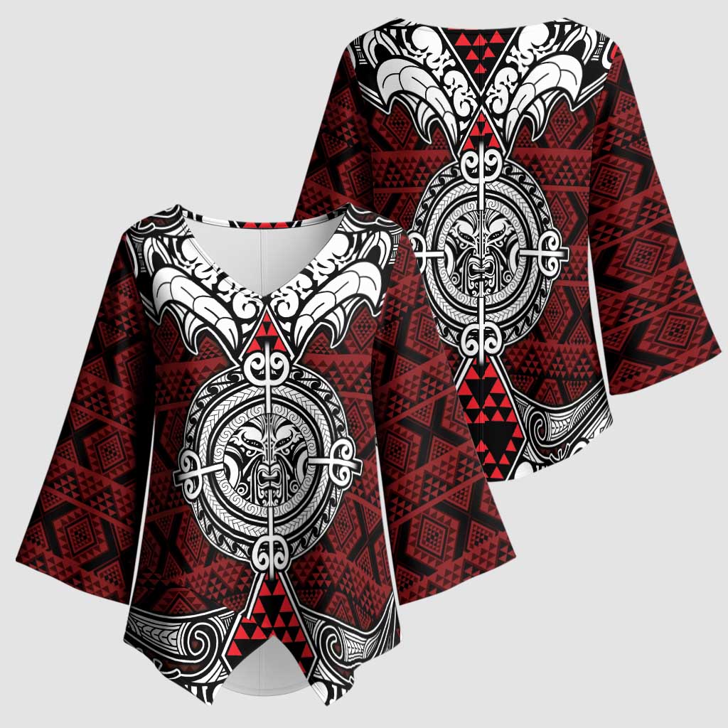 Red Aotearoa Taniko Motif Kimono Sleeve Blouse Vintage Maori New Zealand Tribal Art Pattern - Aussie Hoodie