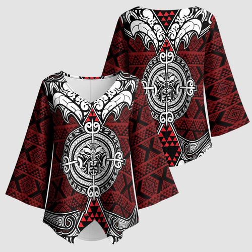 Red Aotearoa Taniko Motif Kimono Sleeve Blouse Vintage Maori New Zealand Tribal Art Pattern - Aussie Hoodie
