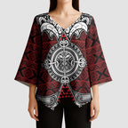 Red Aotearoa Taniko Motif Kimono Sleeve Blouse Vintage Maori New Zealand Tribal Art Pattern - Aussie Hoodie