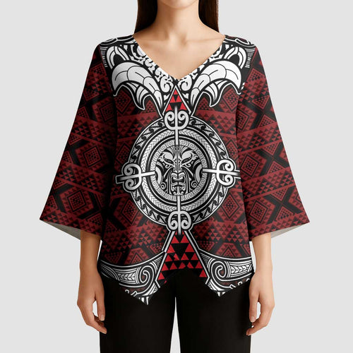 Red Aotearoa Taniko Motif Kimono Sleeve Blouse Vintage Maori New Zealand Tribal Art Pattern - Aussie Hoodie