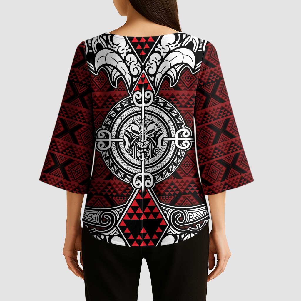 Red Aotearoa Taniko Motif Kimono Sleeve Blouse Vintage Maori New Zealand Tribal Art Pattern - Aussie Hoodie