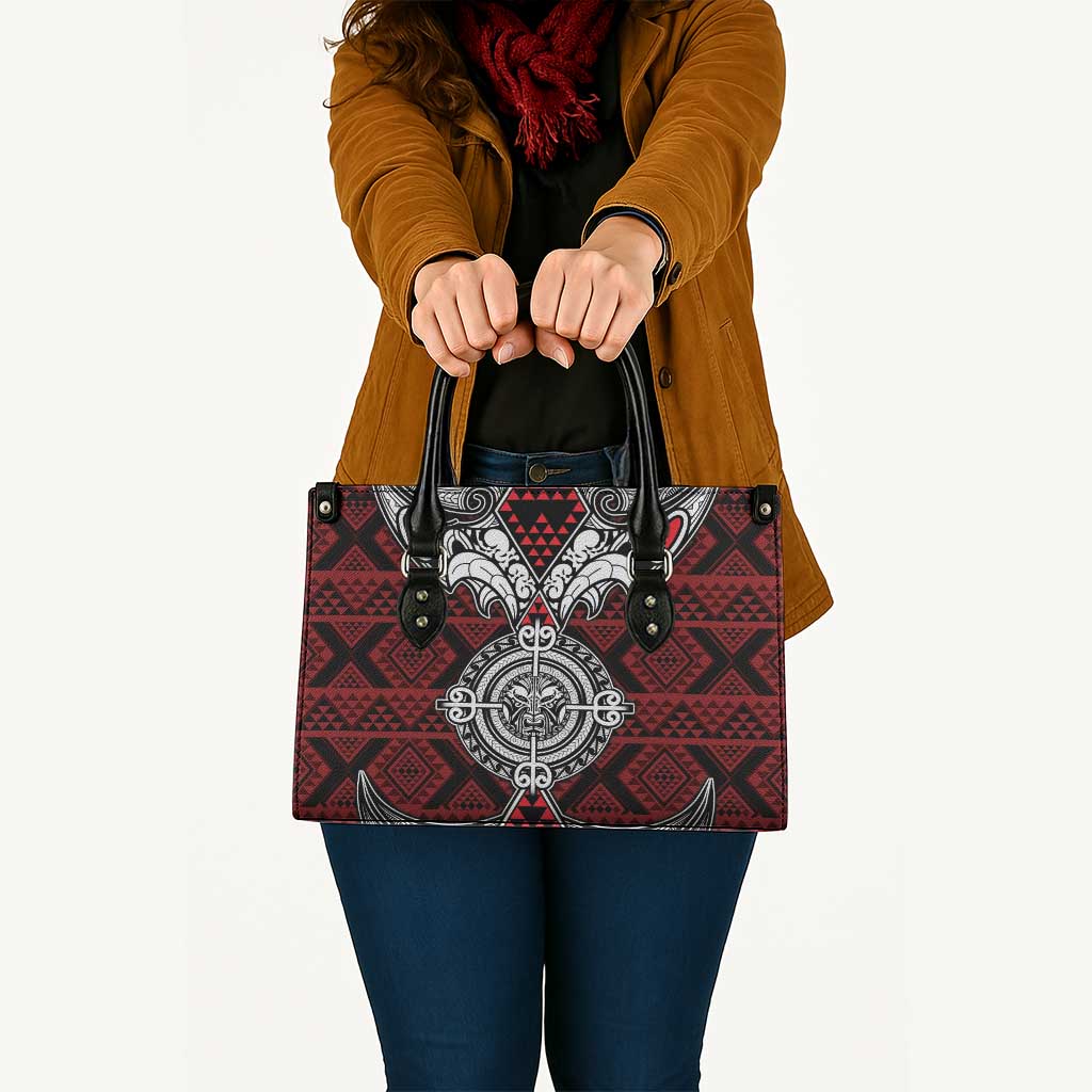 Red Aotearoa Taniko Motif Leather Bag Vintage Maori New Zealand Tribal Art Pattern - Aussie Hoodie