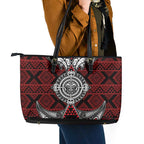 Red Aotearoa Taniko Motif Leather Tote Bag Vintage Maori New Zealand Tribal Art Pattern