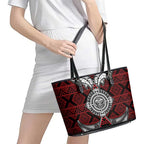 Red Aotearoa Taniko Motif Leather Tote Bag Vintage Maori New Zealand Tribal Art Pattern