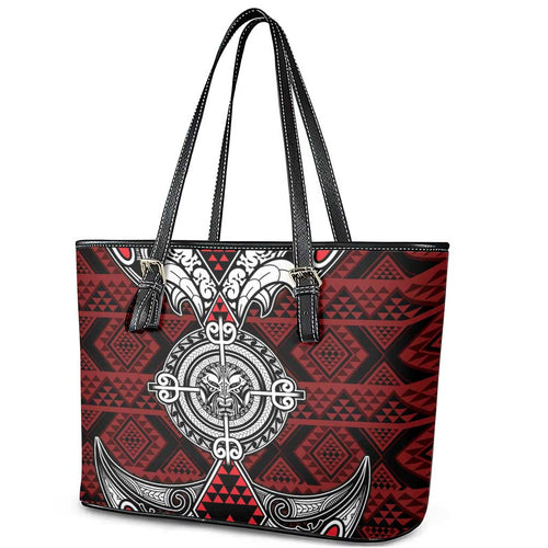 Red Aotearoa Taniko Motif Leather Tote Bag Vintage Maori New Zealand Tribal Art Pattern