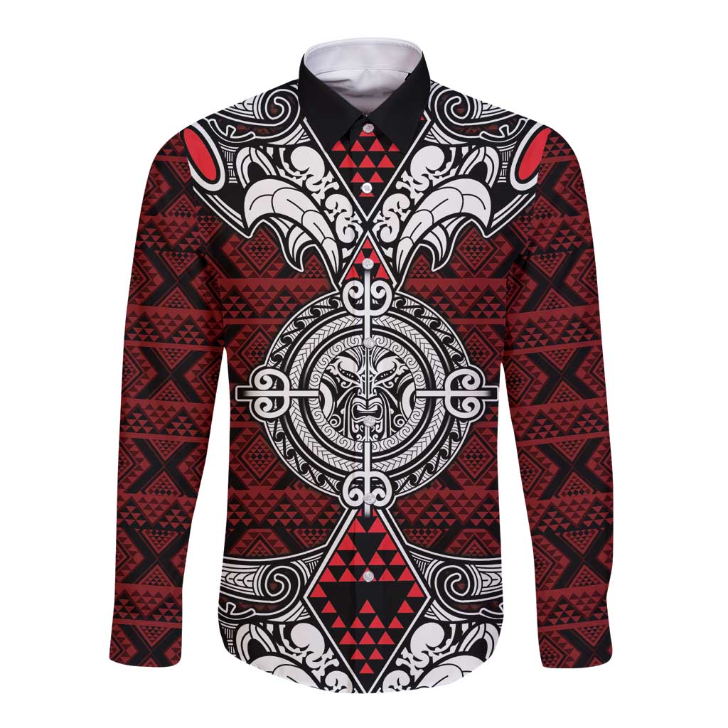 Red Aotearoa Tanilo Motif Long Sleeve Button Shirt Vintage Maori New Zealand Tribal Art Pattern