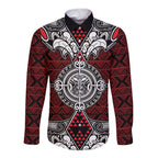 Red Aotearoa Tanilo Motif Long Sleeve Button Shirt Vintage Maori New Zealand Tribal Art Pattern