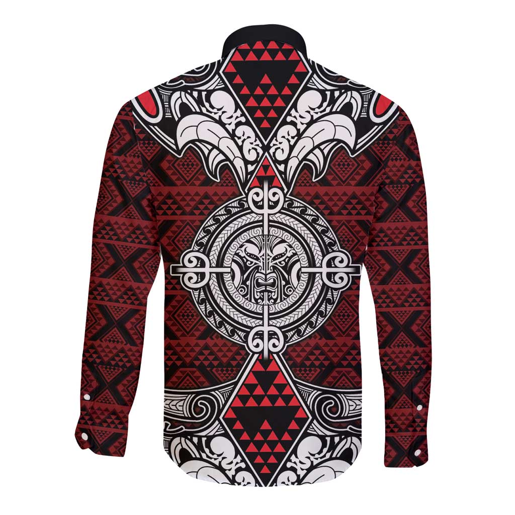 Red Aotearoa Tanilo Motif Long Sleeve Button Shirt Vintage Maori New Zealand Tribal Art Pattern