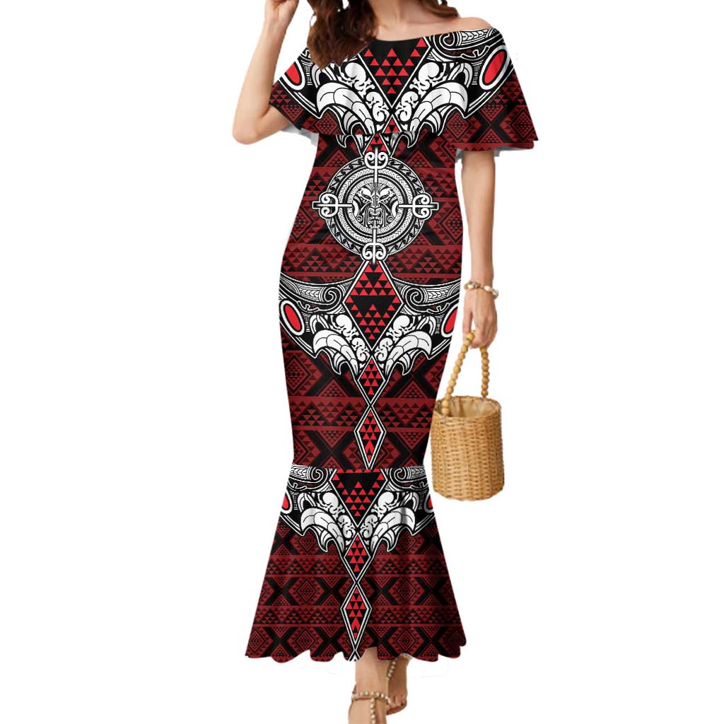 Red Aotearoa Tanilo Motif Mermaid Dress Vintage Maori New Zealand Tribal Art Pattern