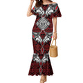 Red Aotearoa Tanilo Motif Mermaid Dress Vintage Maori New Zealand Tribal Art Pattern