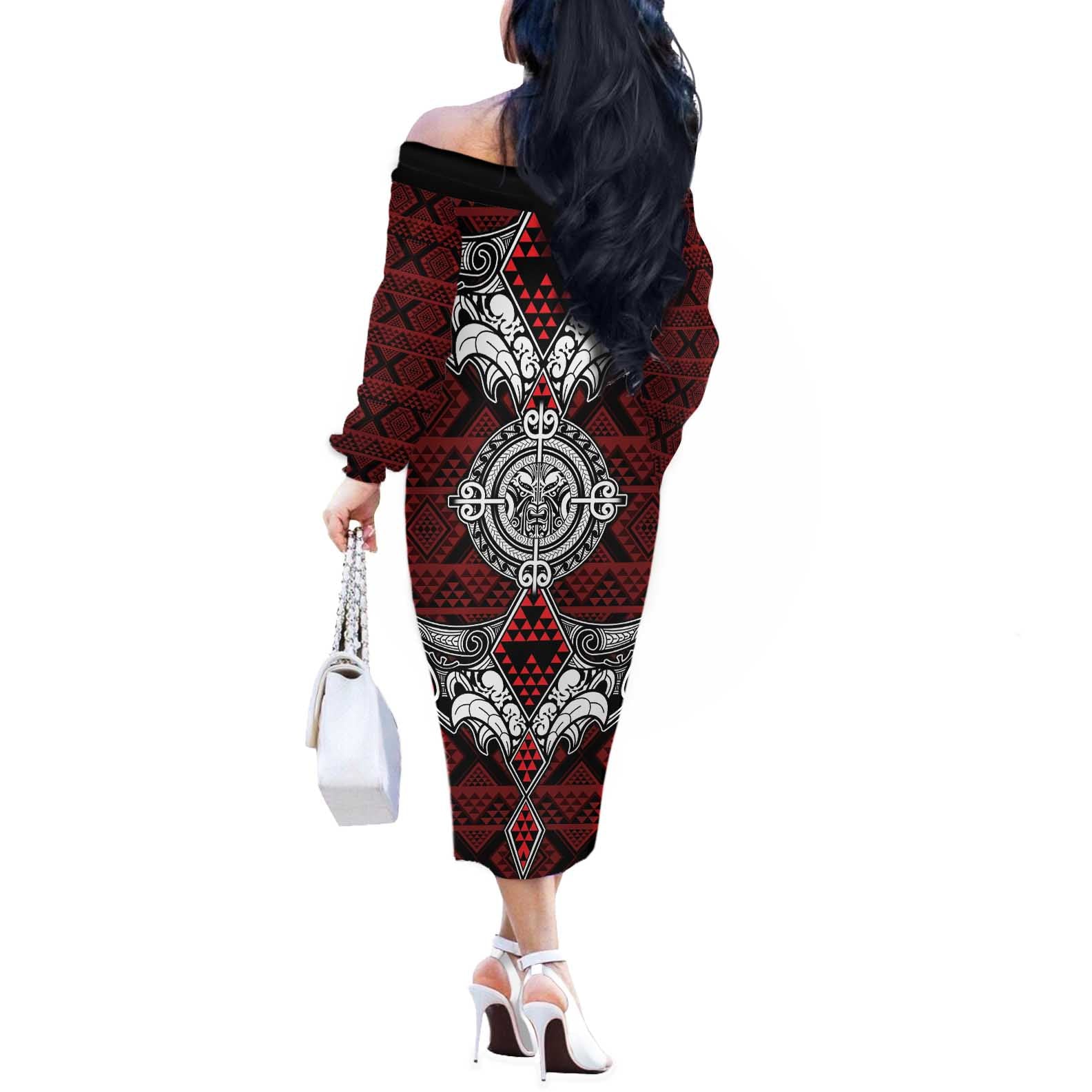 Red Aotearoa Tanilo Motif Off The Shoulder Long Sleeve Dress Vintage Maori New Zealand Tribal Art Pattern