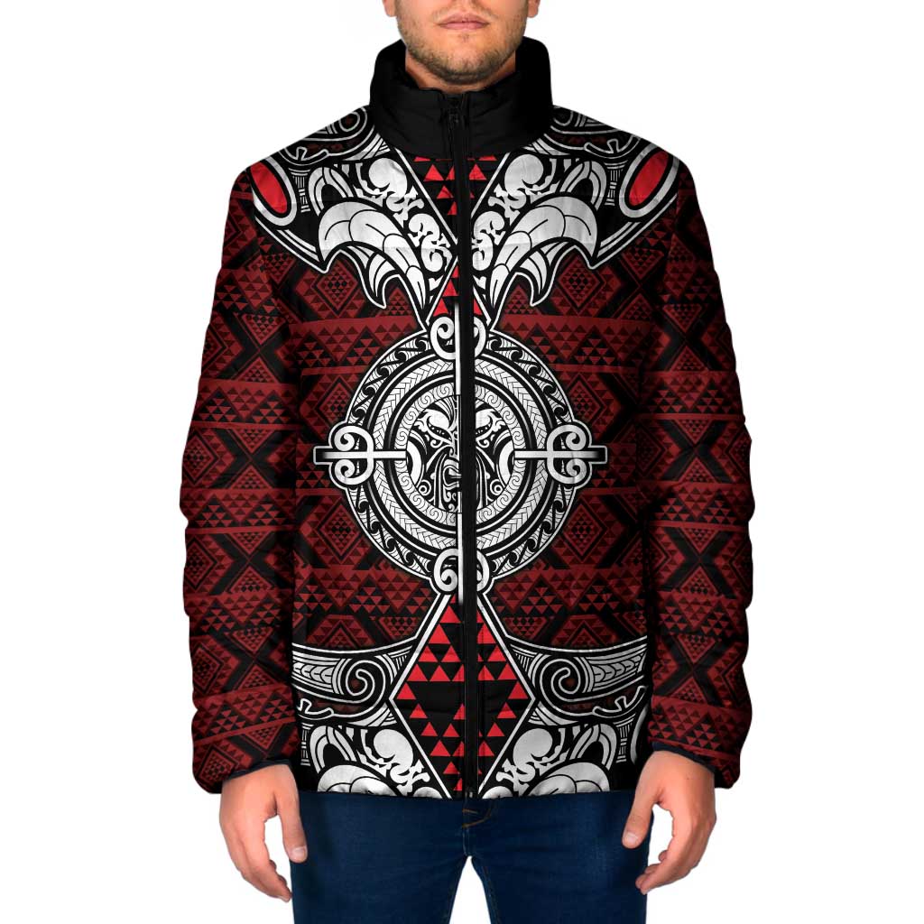 Red Aotearoa Taniko Motif Padded Jacket Vintage Maori New Zealand Tribal Art Pattern - Aussie Hoodie