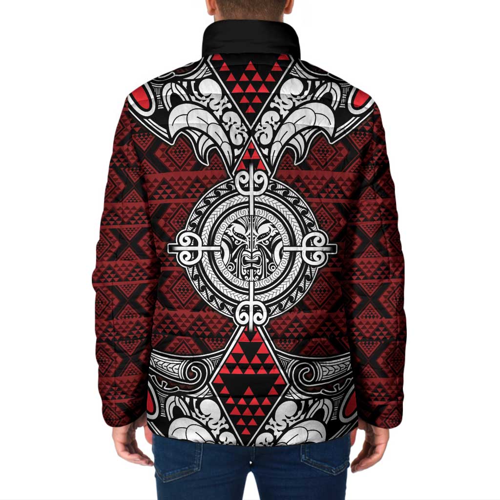Red Aotearoa Taniko Motif Padded Jacket Vintage Maori New Zealand Tribal Art Pattern - Aussie Hoodie
