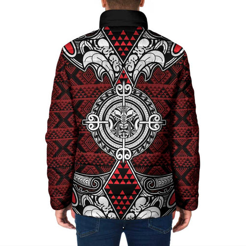 Red Aotearoa Taniko Motif Padded Jacket Vintage Maori New Zealand Tribal Art Pattern - Aussie Hoodie