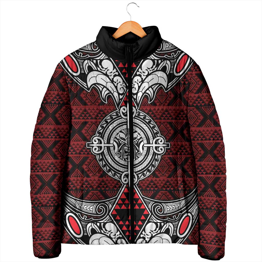 Red Aotearoa Taniko Motif Padded Jacket Vintage Maori New Zealand Tribal Art Pattern - Aussie Hoodie