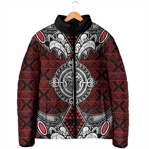 Red Aotearoa Taniko Motif Padded Jacket Vintage Maori New Zealand Tribal Art Pattern - Aussie Hoodie