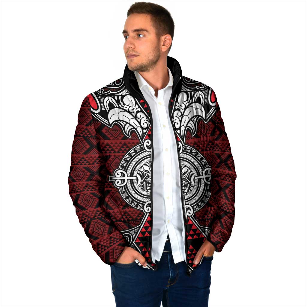Red Aotearoa Taniko Motif Padded Jacket Vintage Maori New Zealand Tribal Art Pattern - Aussie Hoodie