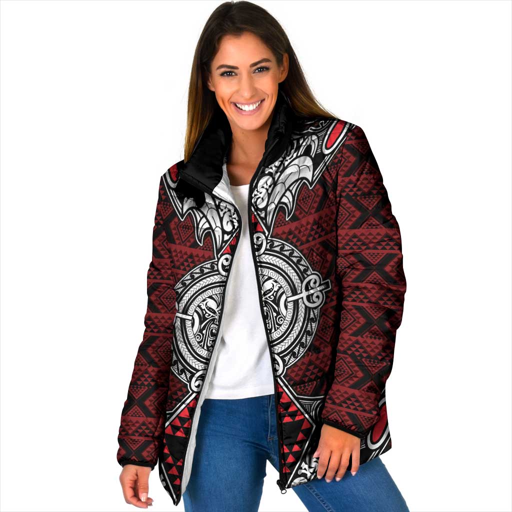 Red Aotearoa Taniko Motif Padded Jacket Vintage Maori New Zealand Tribal Art Pattern - Aussie Hoodie