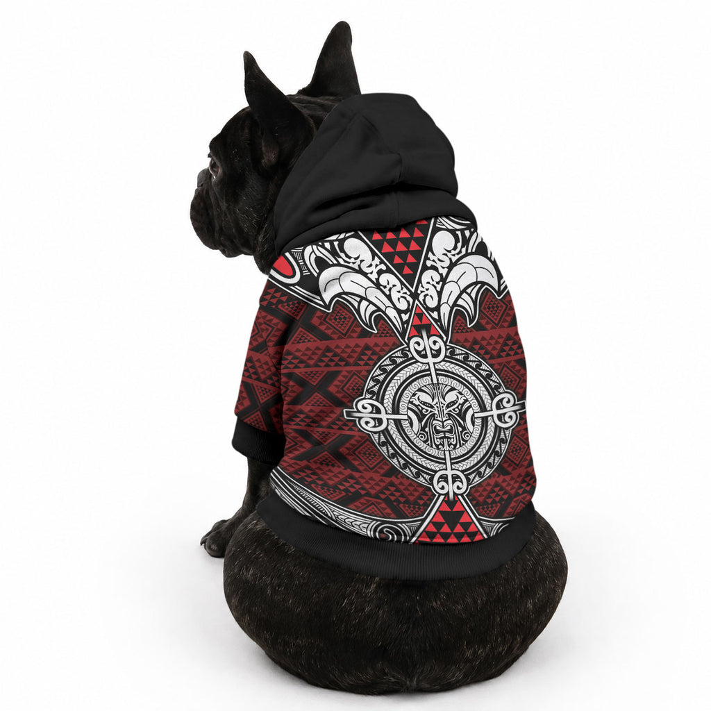 Red Aotearoa Taniko Motif Pet Hoodie Vintage Maori New Zealand Tribal Art Pattern