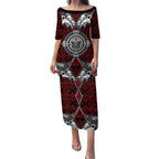 Red Aotearoa Tanilo Motif Puletasi Vintage Maori New Zealand Tribal Art Pattern