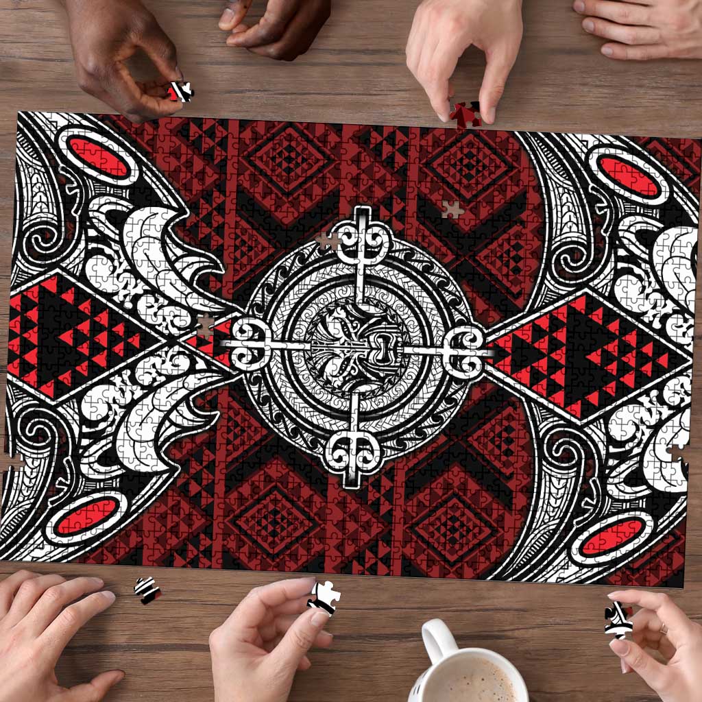 Red Aotearoa Taniko Motif Puzzle Vintage Maori New Zealand Tribal Art Pattern - Aussie Hoodie
