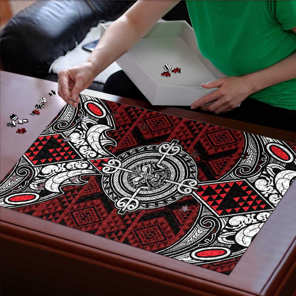 Red Aotearoa Taniko Motif Puzzle Vintage Maori New Zealand Tribal Art Pattern - Aussie Hoodie
