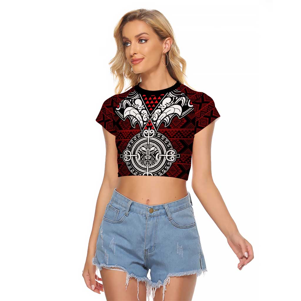 Red Aotearoa Tanilo Motif Raglan Cropped T Shirt Vintage Maori New Zealand Tribal Art Pattern