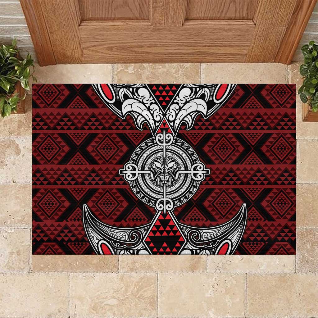 Red Aotearoa Taniko Motif Rubber Doormat Vintage Maori New Zealand Tribal Art Pattern