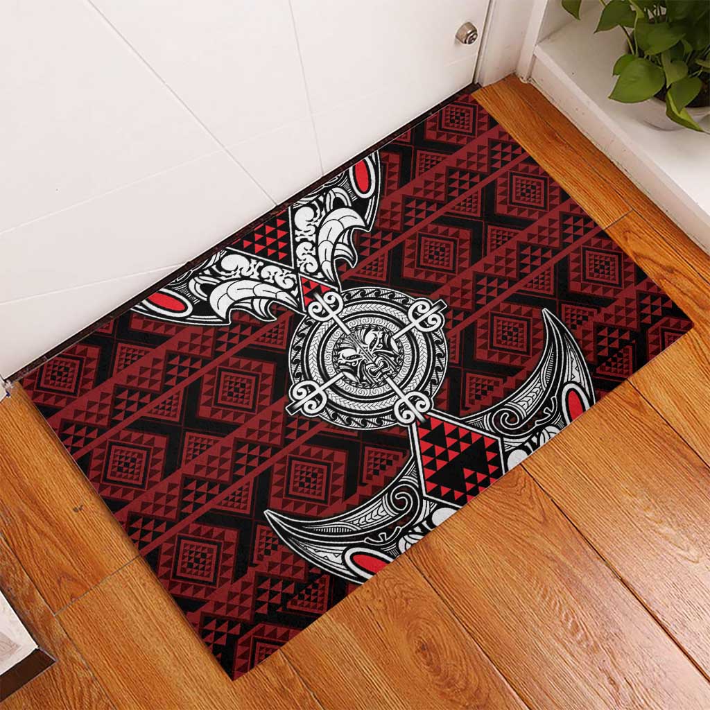 Red Aotearoa Taniko Motif Rubber Doormat Vintage Maori New Zealand Tribal Art Pattern