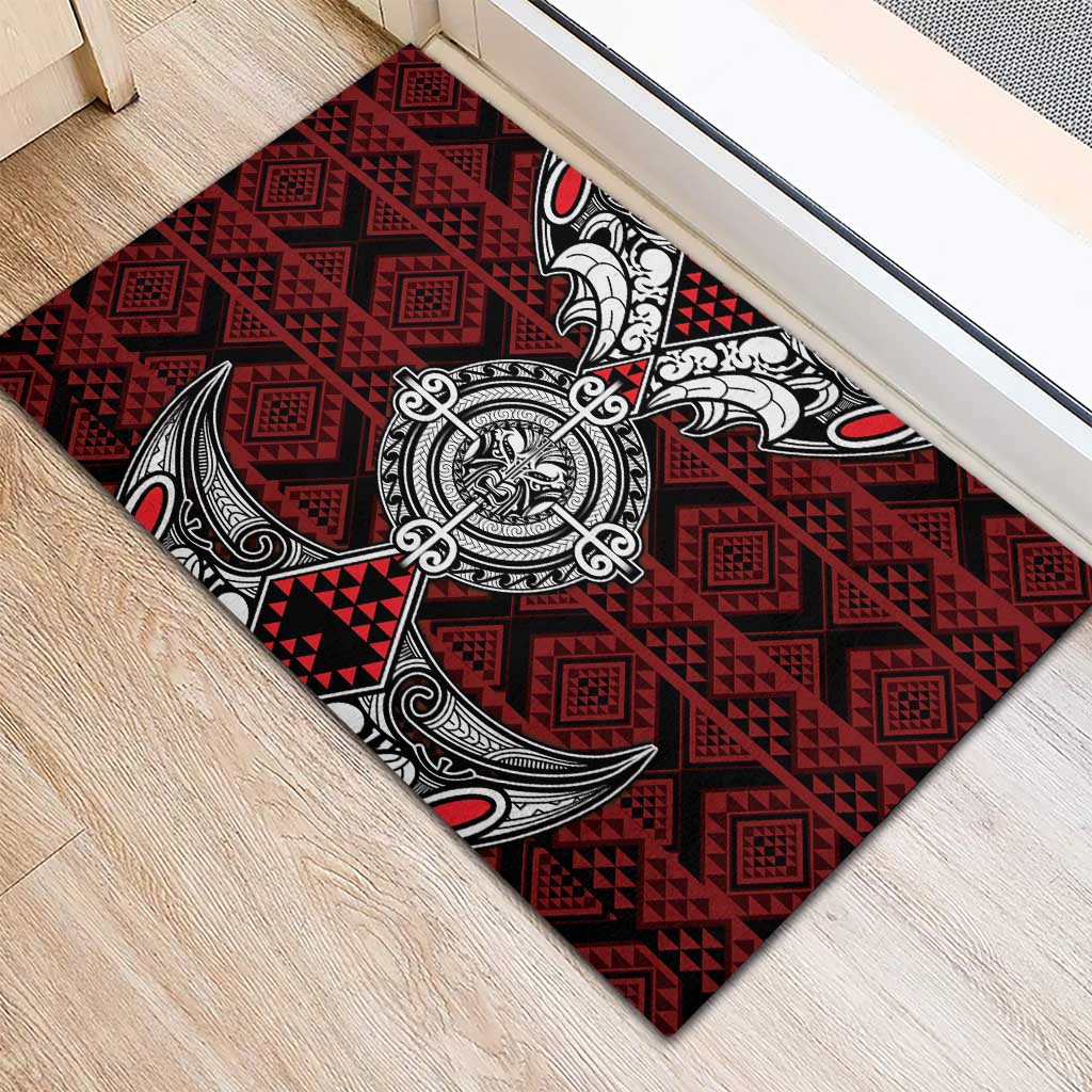 Red Aotearoa Taniko Motif Rubber Doormat Vintage Maori New Zealand Tribal Art Pattern