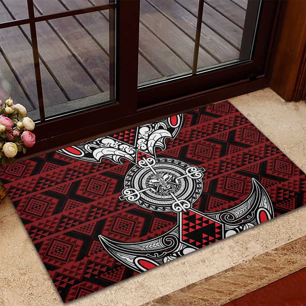 Red Aotearoa Taniko Motif Rubber Doormat Vintage Maori New Zealand Tribal Art Pattern