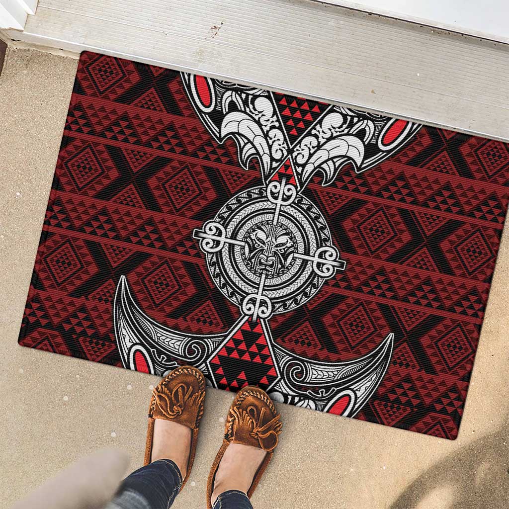 Red Aotearoa Taniko Motif Rubber Doormat Vintage Maori New Zealand Tribal Art Pattern