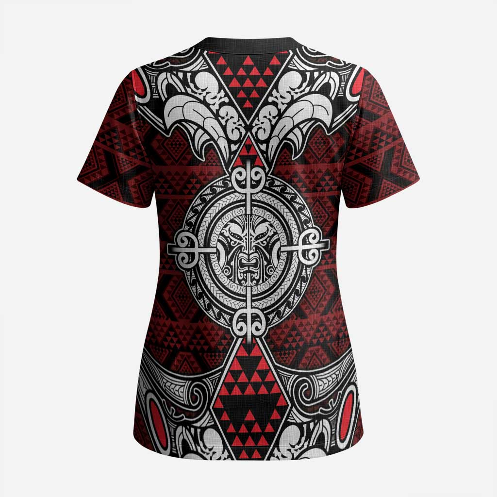 Red Aotearoa Taniko Motif Scrub Top Vintage Maori New Zealand Tribal Art Pattern - Aussie Hoodie