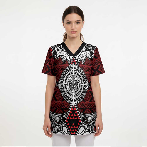 Red Aotearoa Taniko Motif Scrub Top Vintage Maori New Zealand Tribal Art Pattern - Aussie Hoodie