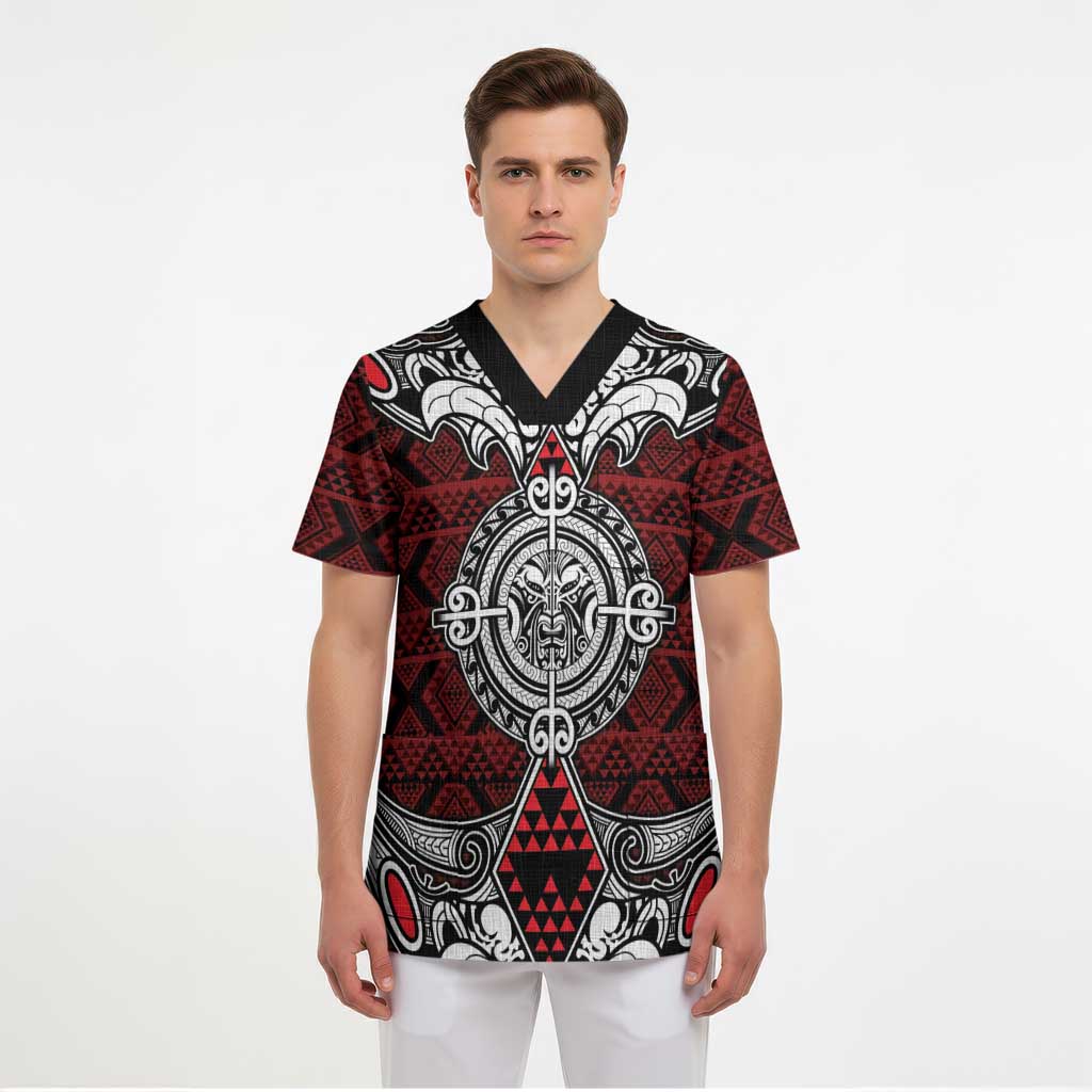 Red Aotearoa Taniko Motif Scrub Top Vintage Maori New Zealand Tribal Art Pattern - Aussie Hoodie