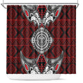 Red Aotearoa Taniko Motif Shower Curtain Vintage Maori New Zealand Tribal Art Pattern