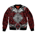Red Aotearoa Tanilo Motif Sleeve Zip Bomber Jacket Vintage Maori New Zealand Tribal Art Pattern