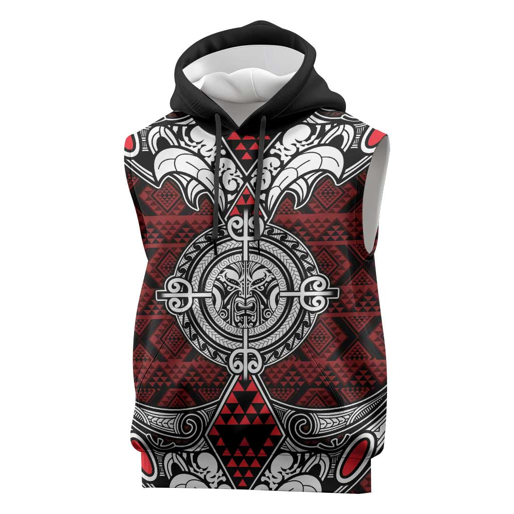 Red Aotearoa Taniko Motif Sleeveless Hoodie Vintage Maori New Zealand Tribal Art Pattern - Aussie Hoodie