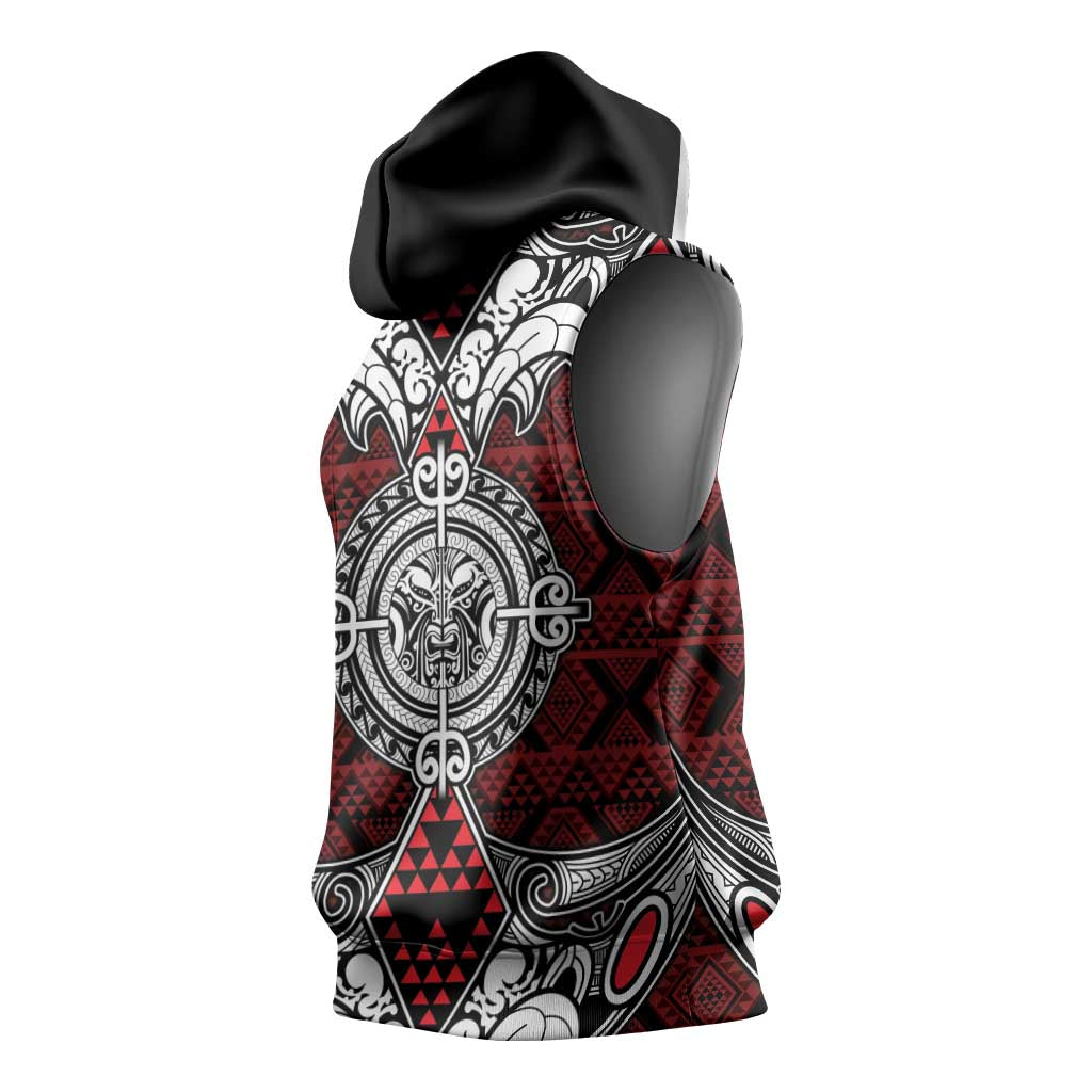 Red Aotearoa Taniko Motif Sleeveless Hoodie Vintage Maori New Zealand Tribal Art Pattern - Aussie Hoodie
