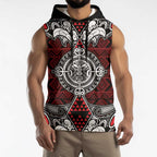 Red Aotearoa Taniko Motif Sleeveless Hoodie Vintage Maori New Zealand Tribal Art Pattern - Aussie Hoodie