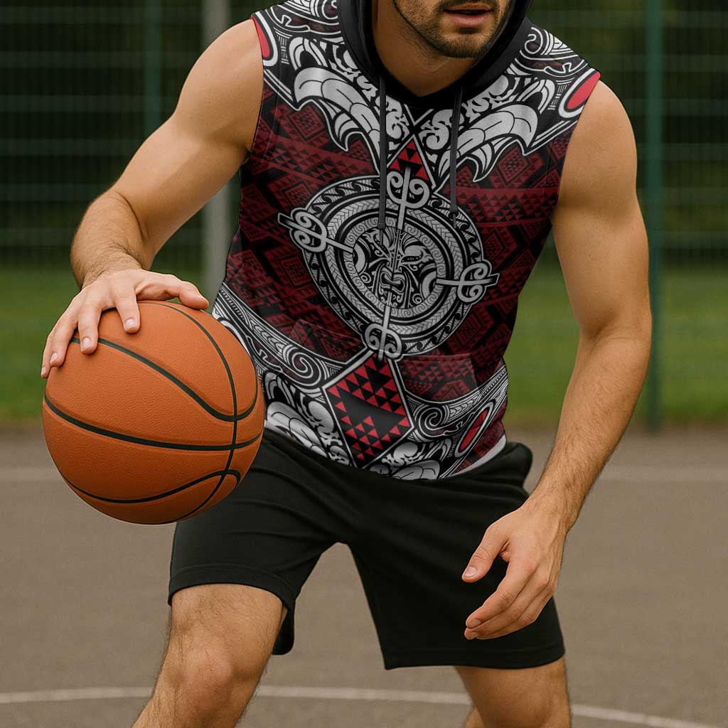 Red Aotearoa Taniko Motif Sleeveless Hoodie Vintage Maori New Zealand Tribal Art Pattern - Aussie Hoodie