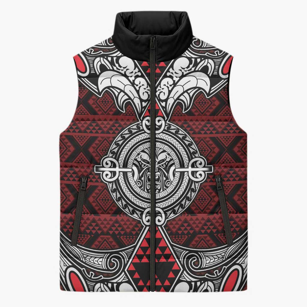 Red Aotearoa Taniko Motif Sleeveless Puffer Jacket Vintage Maori New Zealand Tribal Art Pattern - Aussie Hoodie