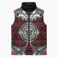 Red Aotearoa Taniko Motif Sleeveless Puffer Jacket Vintage Maori New Zealand Tribal Art Pattern - Aussie Hoodie