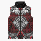 Red Aotearoa Taniko Motif Sleeveless Puffer Jacket Vintage Maori New Zealand Tribal Art Pattern - Aussie Hoodie
