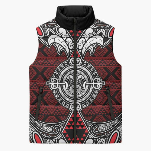 Red Aotearoa Taniko Motif Sleeveless Puffer Jacket Vintage Maori New Zealand Tribal Art Pattern - Aussie Hoodie