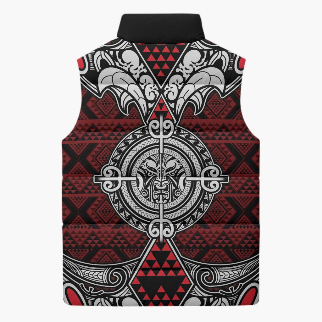 Red Aotearoa Taniko Motif Sleeveless Puffer Jacket Vintage Maori New Zealand Tribal Art Pattern - Aussie Hoodie