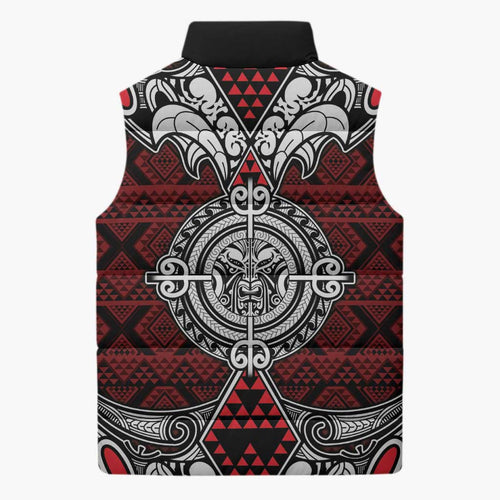 Red Aotearoa Taniko Motif Sleeveless Puffer Jacket Vintage Maori New Zealand Tribal Art Pattern - Aussie Hoodie
