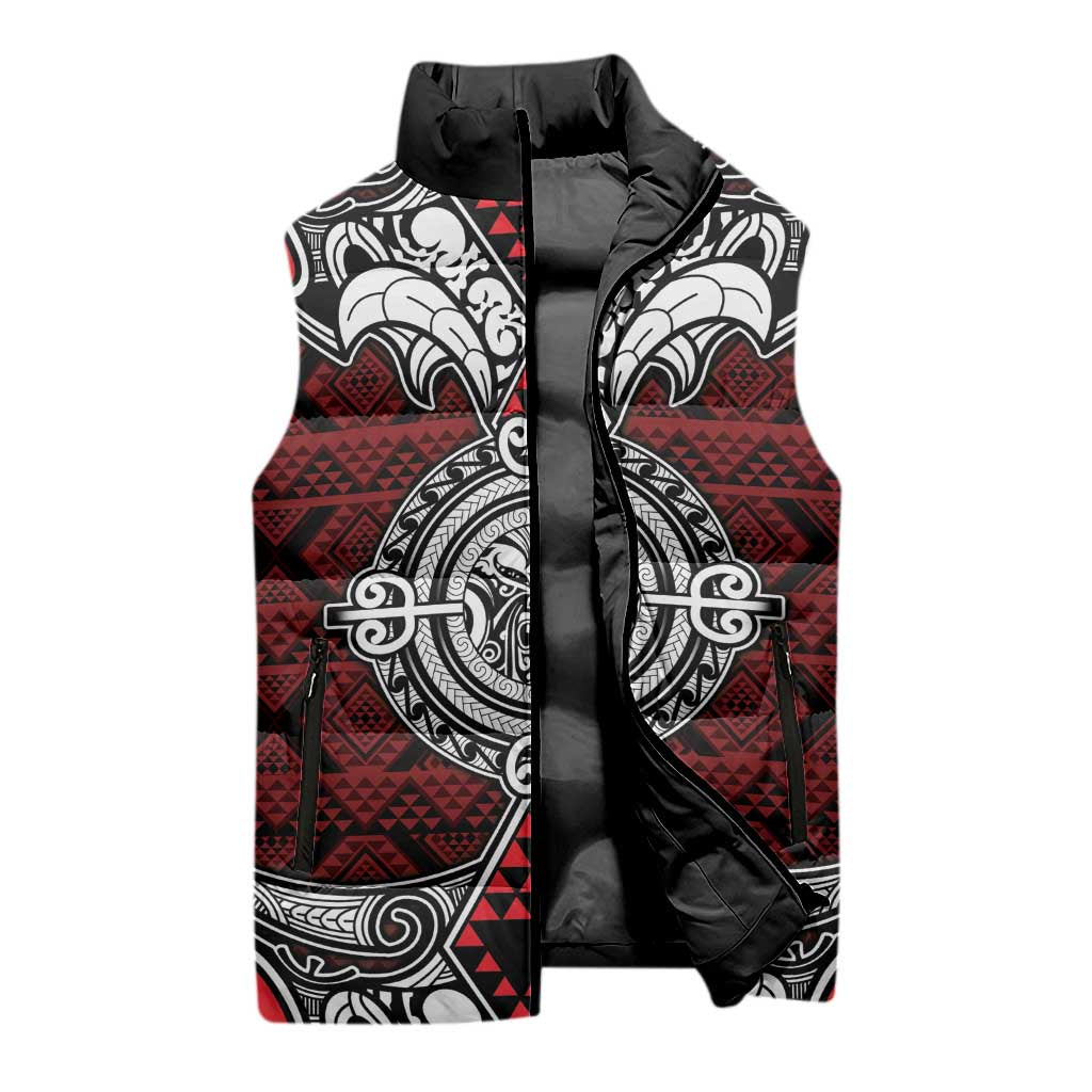 Red Aotearoa Taniko Motif Sleeveless Puffer Jacket Vintage Maori New Zealand Tribal Art Pattern - Aussie Hoodie