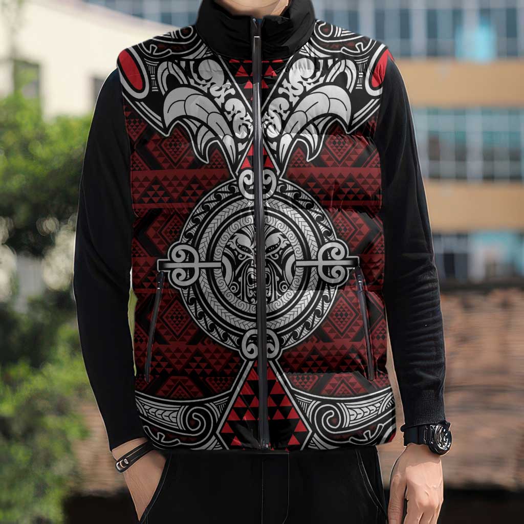 Red Aotearoa Taniko Motif Sleeveless Puffer Jacket Vintage Maori New Zealand Tribal Art Pattern - Aussie Hoodie